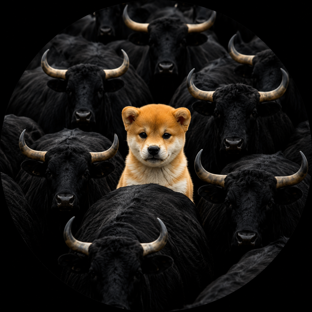 The Chosen One puppy standing amongst the herd of bulls